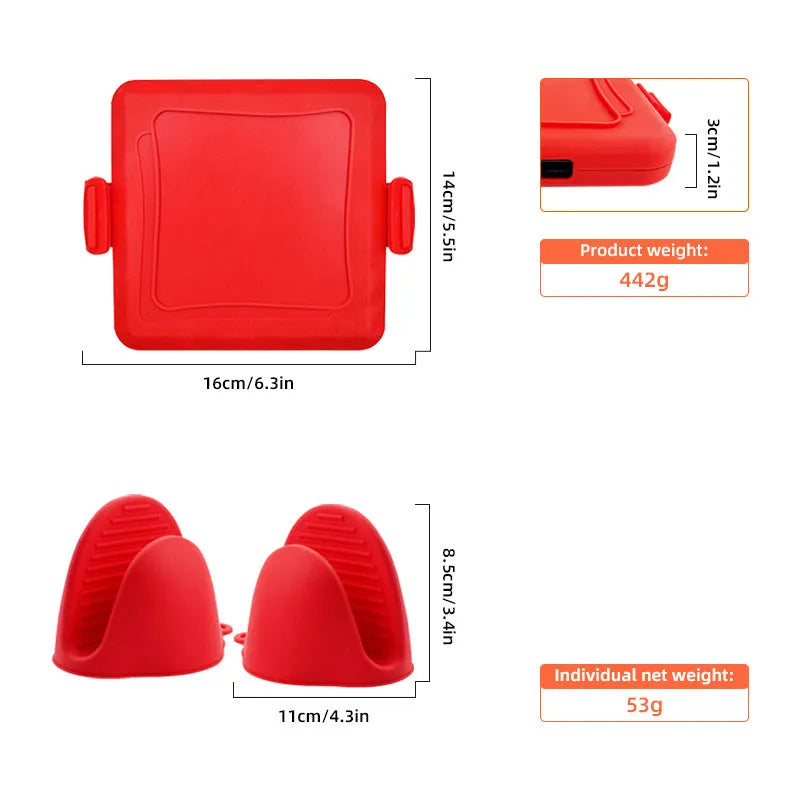 Red silicone baking tray with anti-scald handbag-style handles and included oven gloves