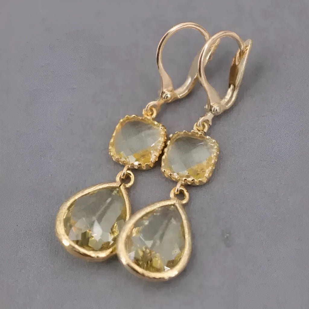 Gold retro geometric earrings with long crystal fringe droplets on copper with electroplated finish