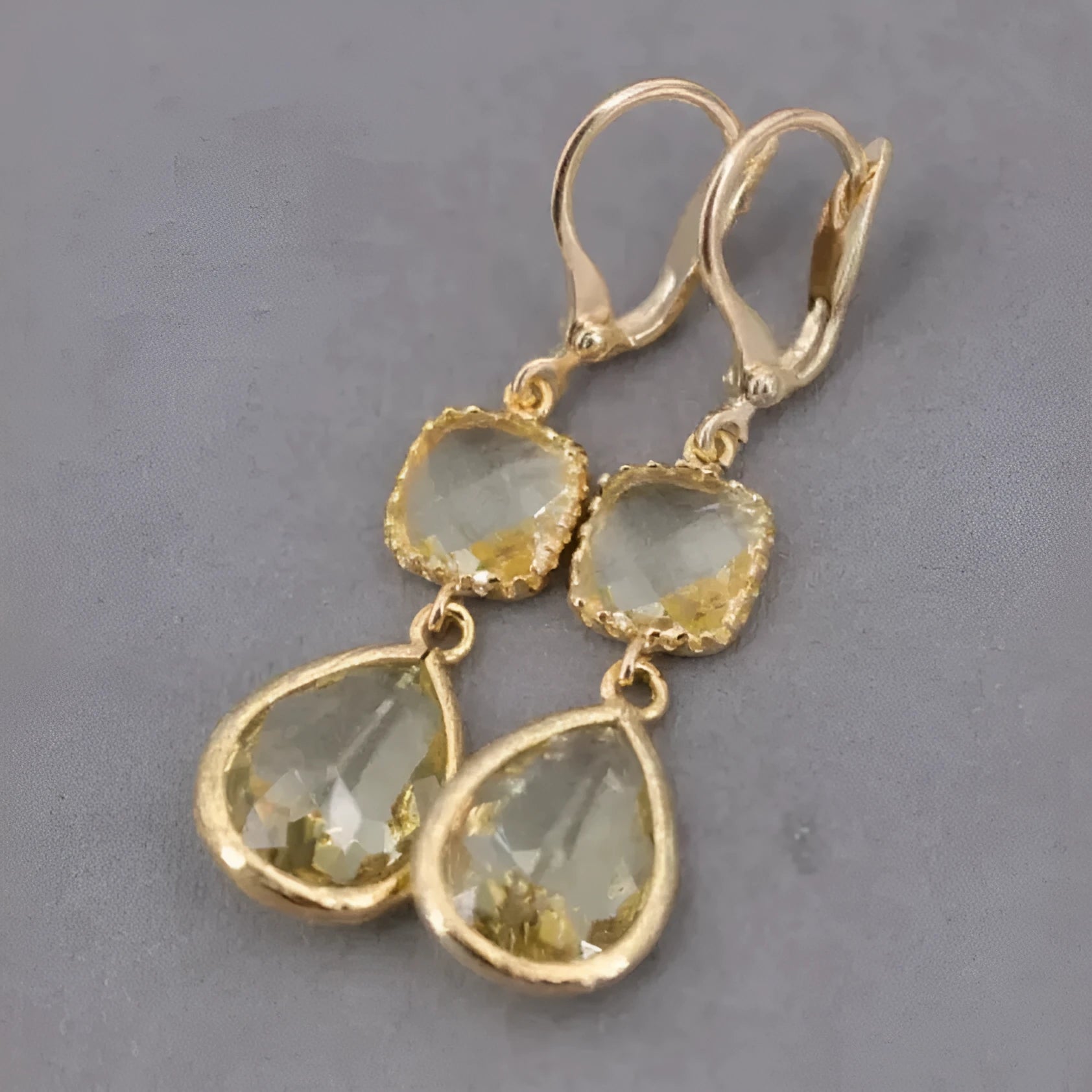Gold retro geometric earrings with long crystal fringe droplets on copper with electroplated finish