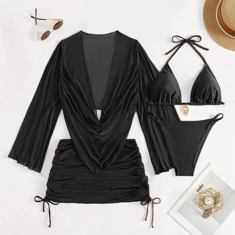 Women's lace-up bikini swimsuit in dark brown or black with sleeveless, backless two-piece design