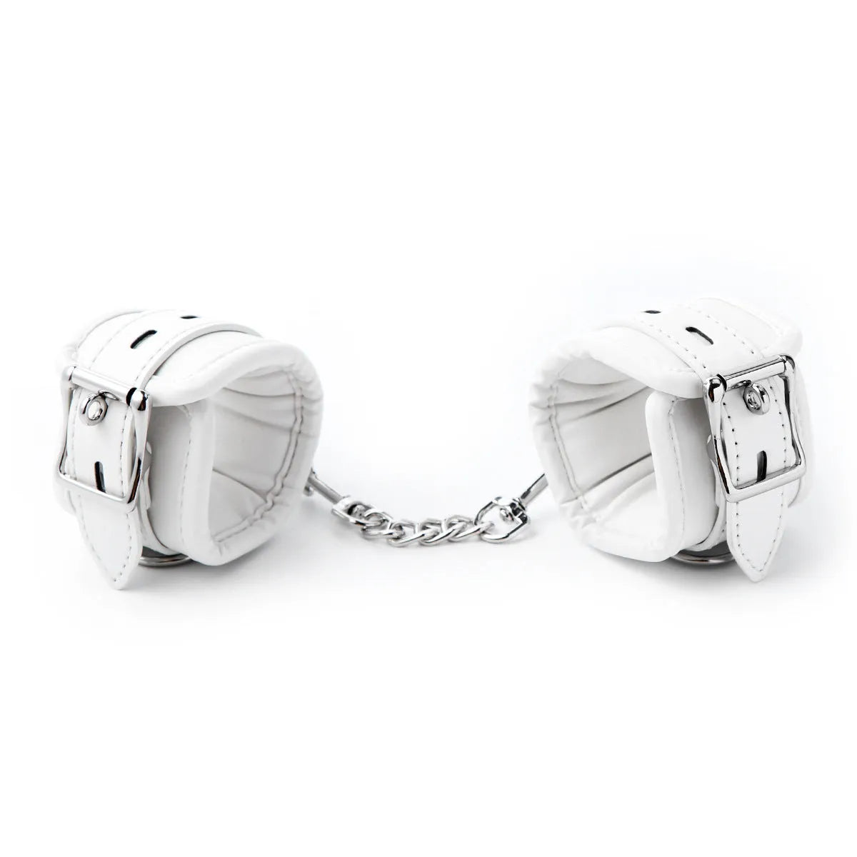 White PU sponge bondage cuff set showing handcuffs, footcuffs and neck cuff for restraint play
