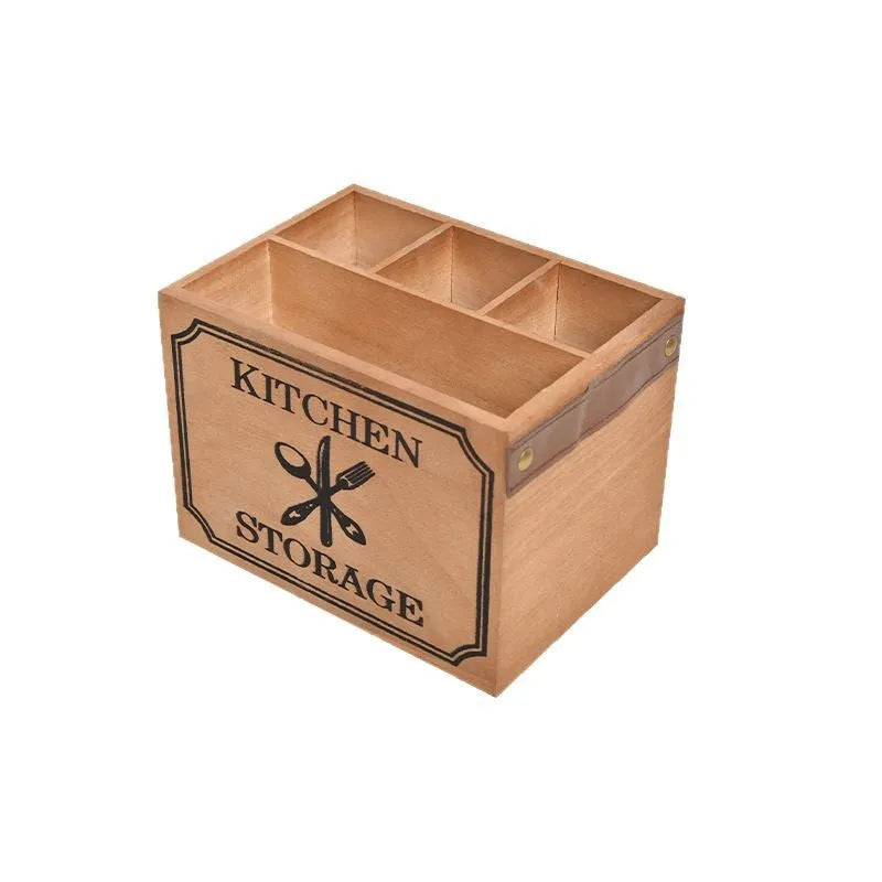 Wooden kitchen storage box with internal divider grids for knives, forks and chopsticks