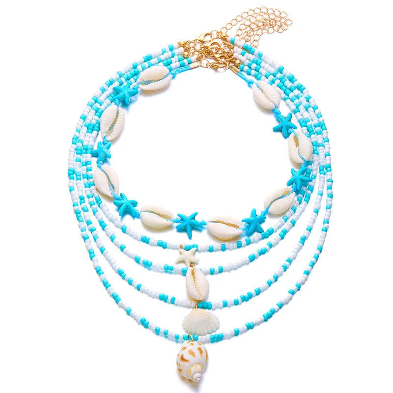 Five-piece women's necklace set with starfish shell and conch bead designs on electroplated alloy