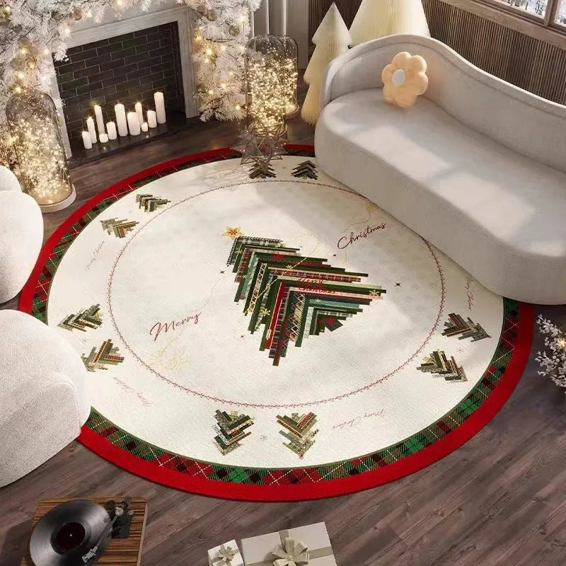 Round Christmas carpet in festive colours with velvet texture on hardwood floor