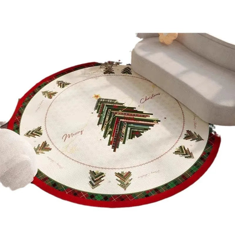 Round Christmas carpet in festive colours with velvet texture on hardwood floor