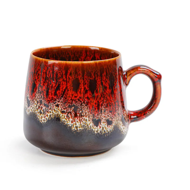 Large capacity retro style coffee mug in one of four colours, shown with dimensions of 8.5cm height and 8cm calibre.