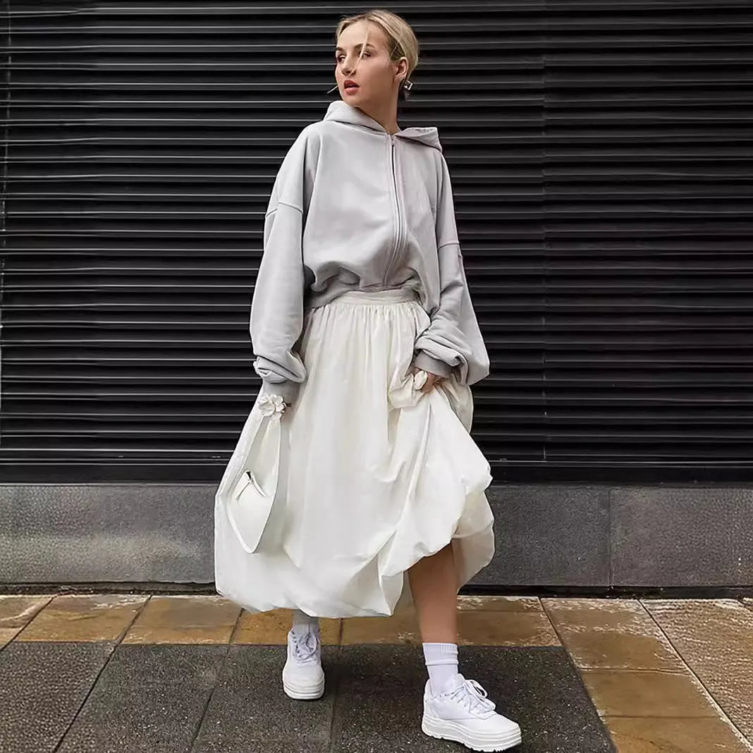 Women's long cotton skirt in black or white with elastic waistband