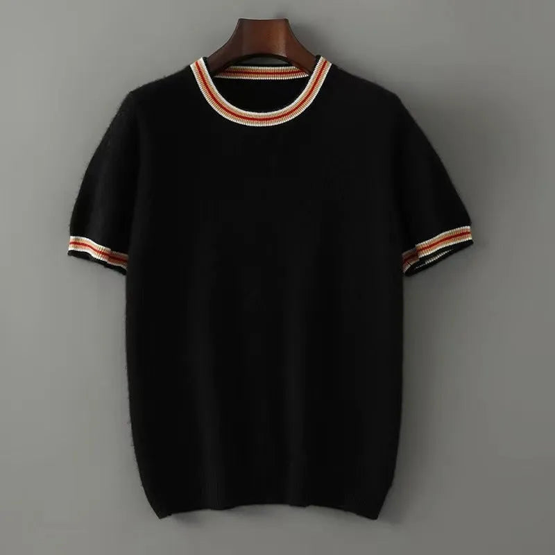 Men's pure wool short sleeve sweater in gray, showing round neck and pullover style.