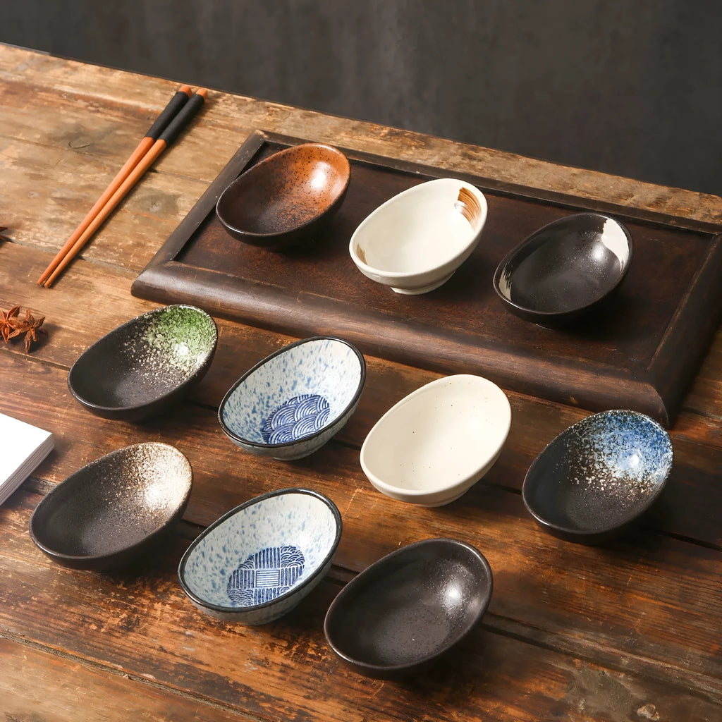 Japanese ceramic oval sauce dipping bowl with Edo pattern design and microwave-safe glaze