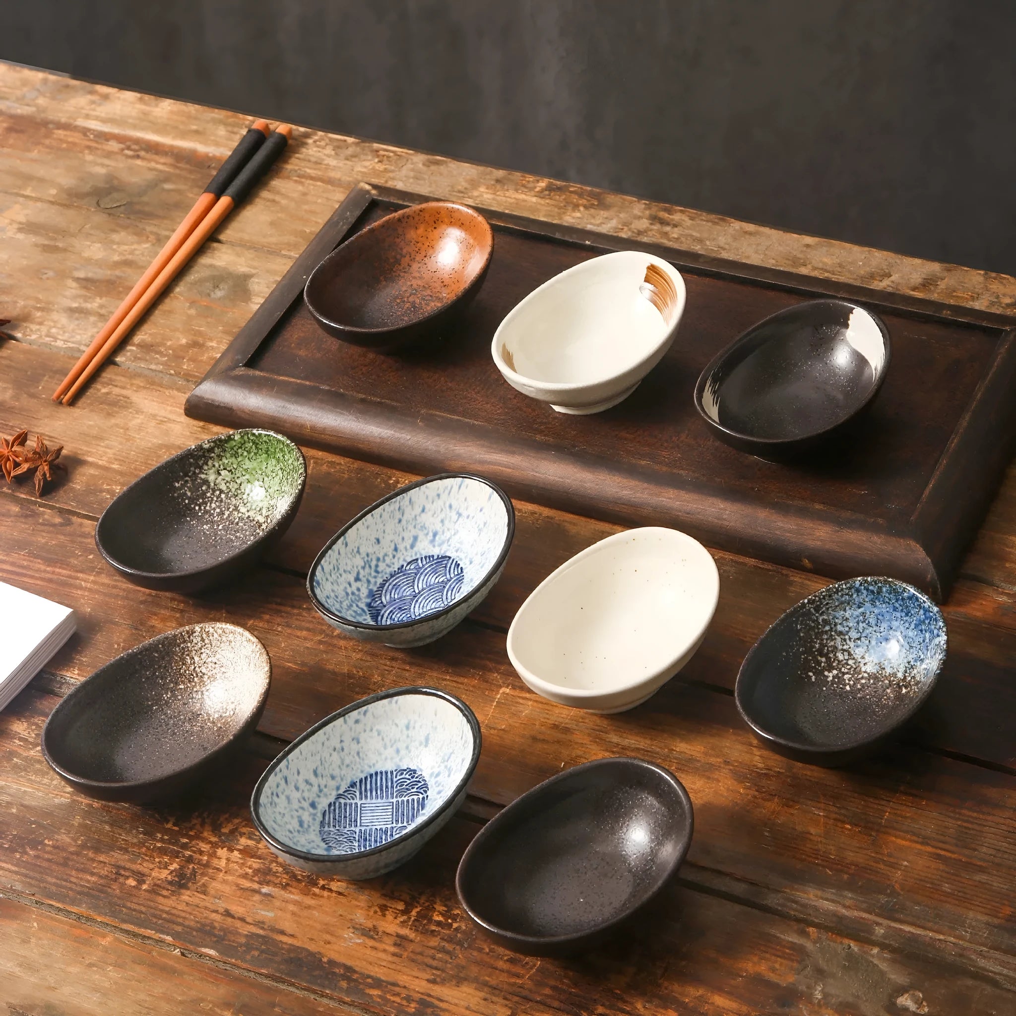 Japanese ceramic oval sauce dipping bowl with Edo pattern design and microwave-safe glaze