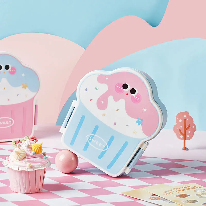 Pink and blue ice cream shaped plastic lunch box with compartment design, spoon and fork set