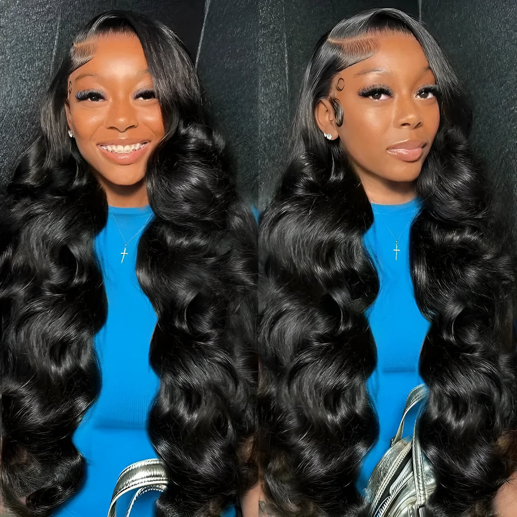 Black synthetic ladies wig with big wavy hairstyle on a mannequin head, showing lace fibre construction.