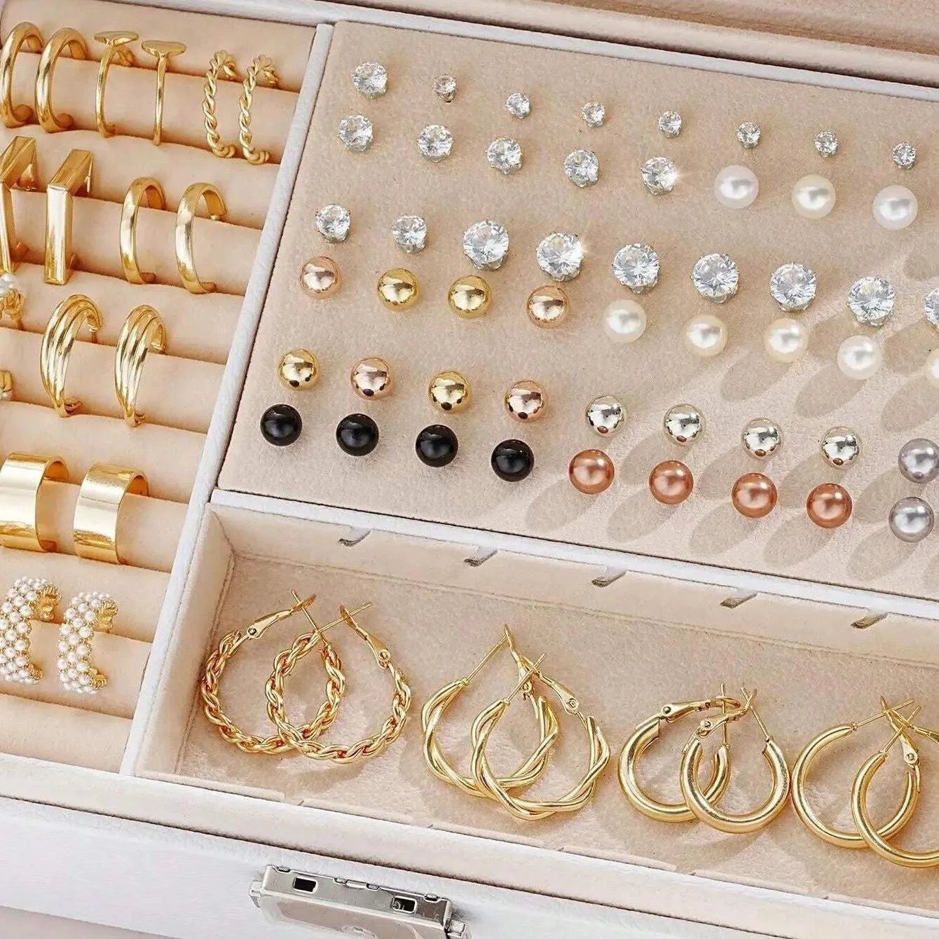 108-piece geometric pearl earrings set with gold and yellow electroplated finishes on alloy metal