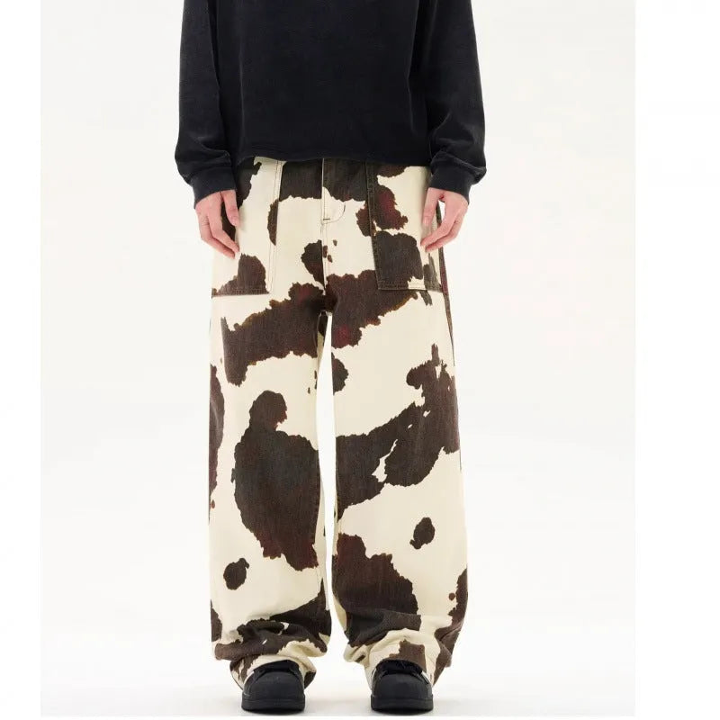 Men's straight-leg trousers with American retro cows pattern in cotton-polyester blend fabric