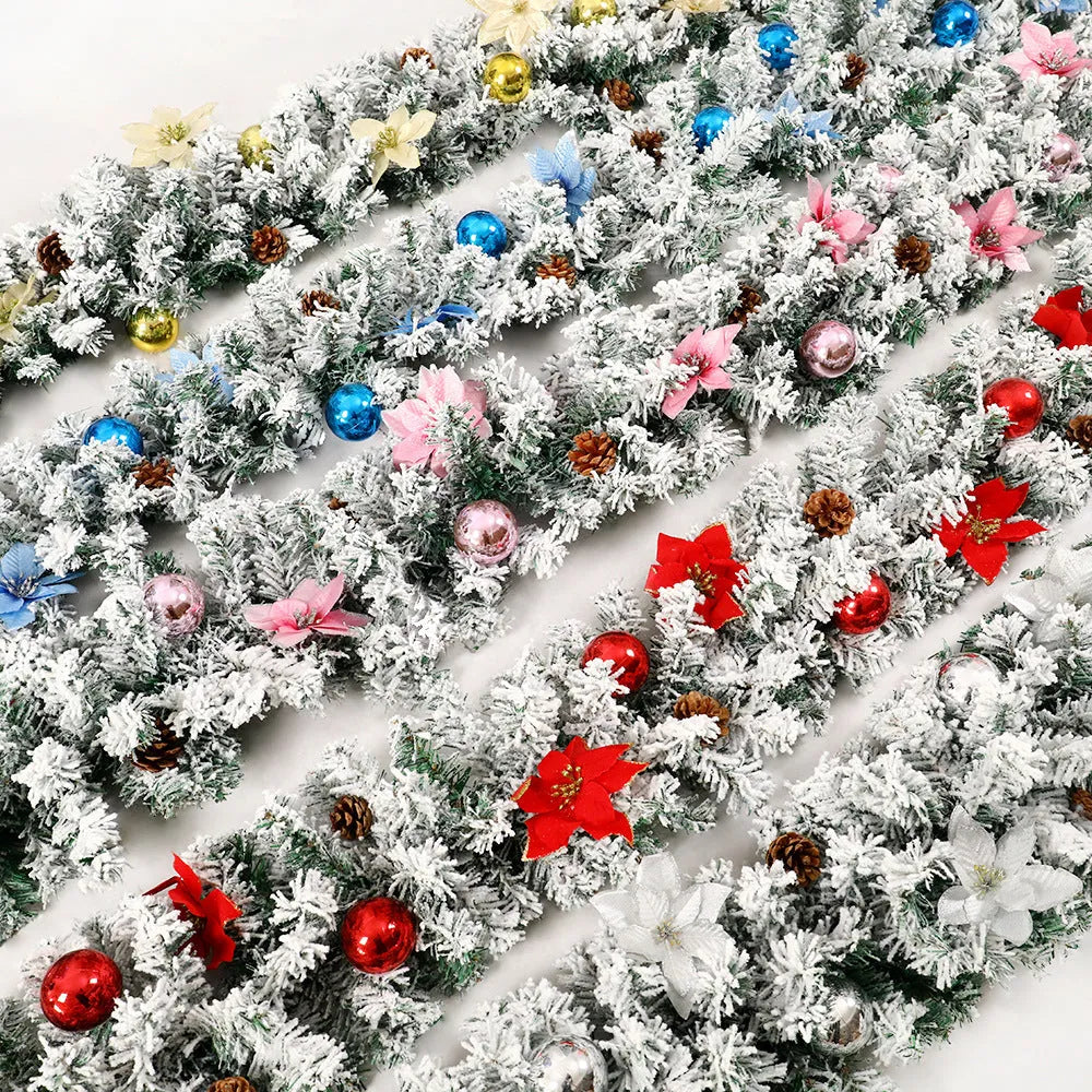 240cm long Christmas rattan garland with white flocking in a choice of five festive colours