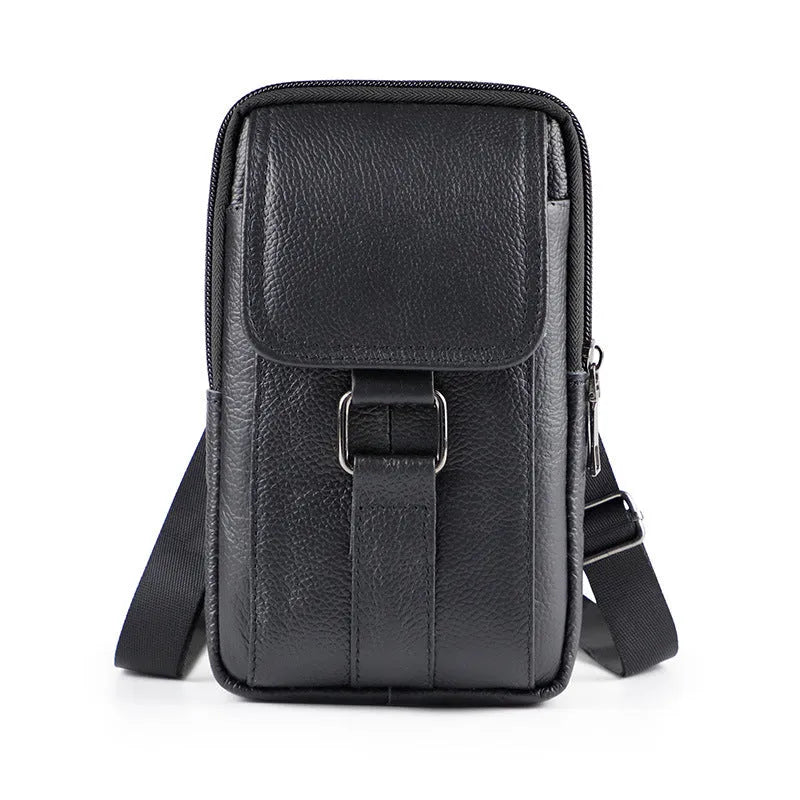 Men's black genuine leather crossbody waist bag with lock detail and vertical square shape