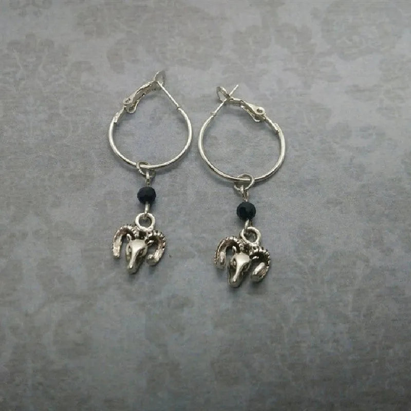 Silver tone alloy round ring earrings with Tibetan antelope design for women