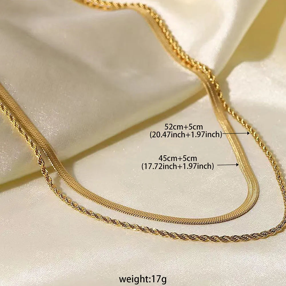 Double layer twist necklace with geometric titanium steel pendant on snake bones chain, adjustable 21-50cm length