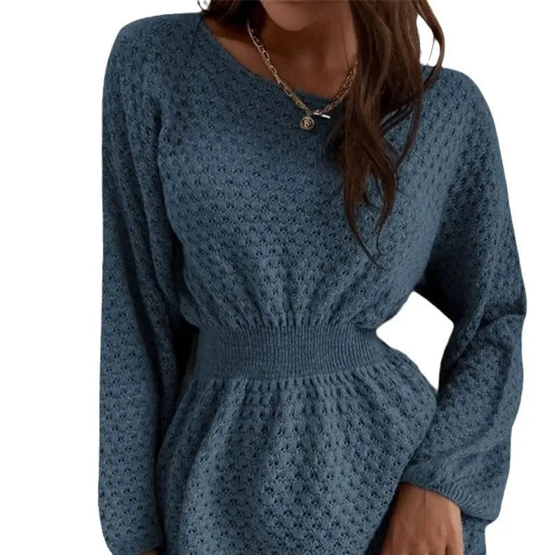 Blue women's knitted dress with hand crocheted floral details and fitted waist