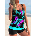 Plus size women's swimsuit set with printed butterfly pattern top and matching beach shorts