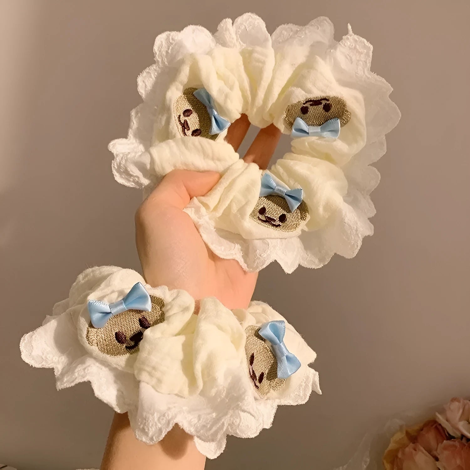 Bear blue bow lace large intestine hair ring cloth elastic hair accessory