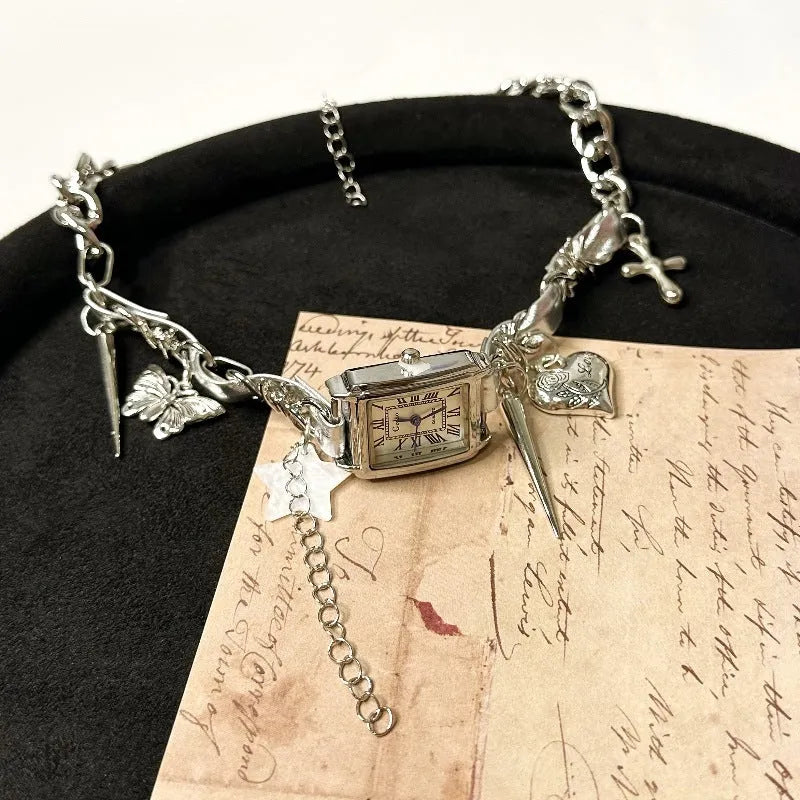 Women's dark multi-layer cross necklace with adjustable hemp flower chain design