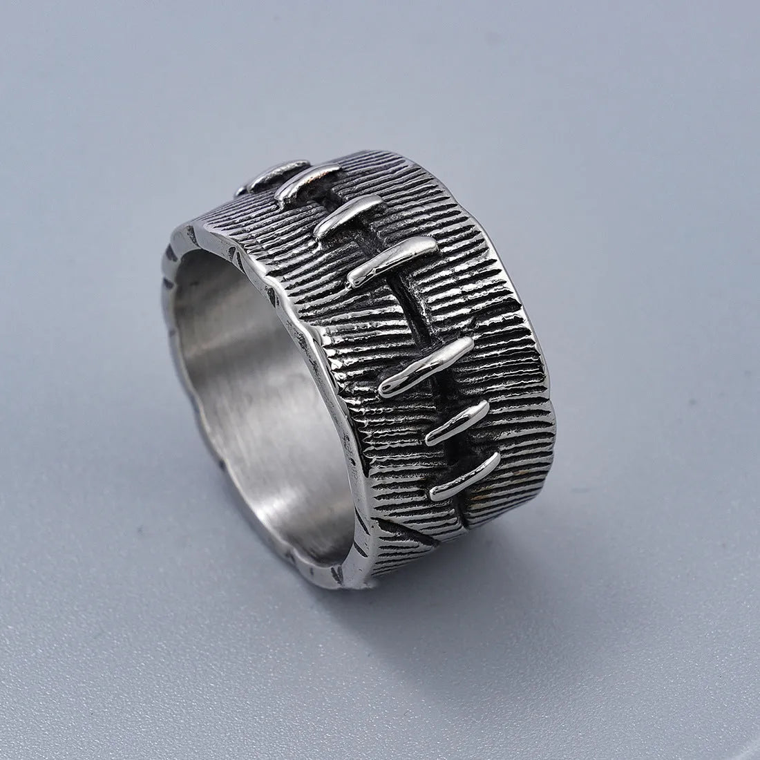 Dark punk titanium steel geometric ring with double construction in retro colour