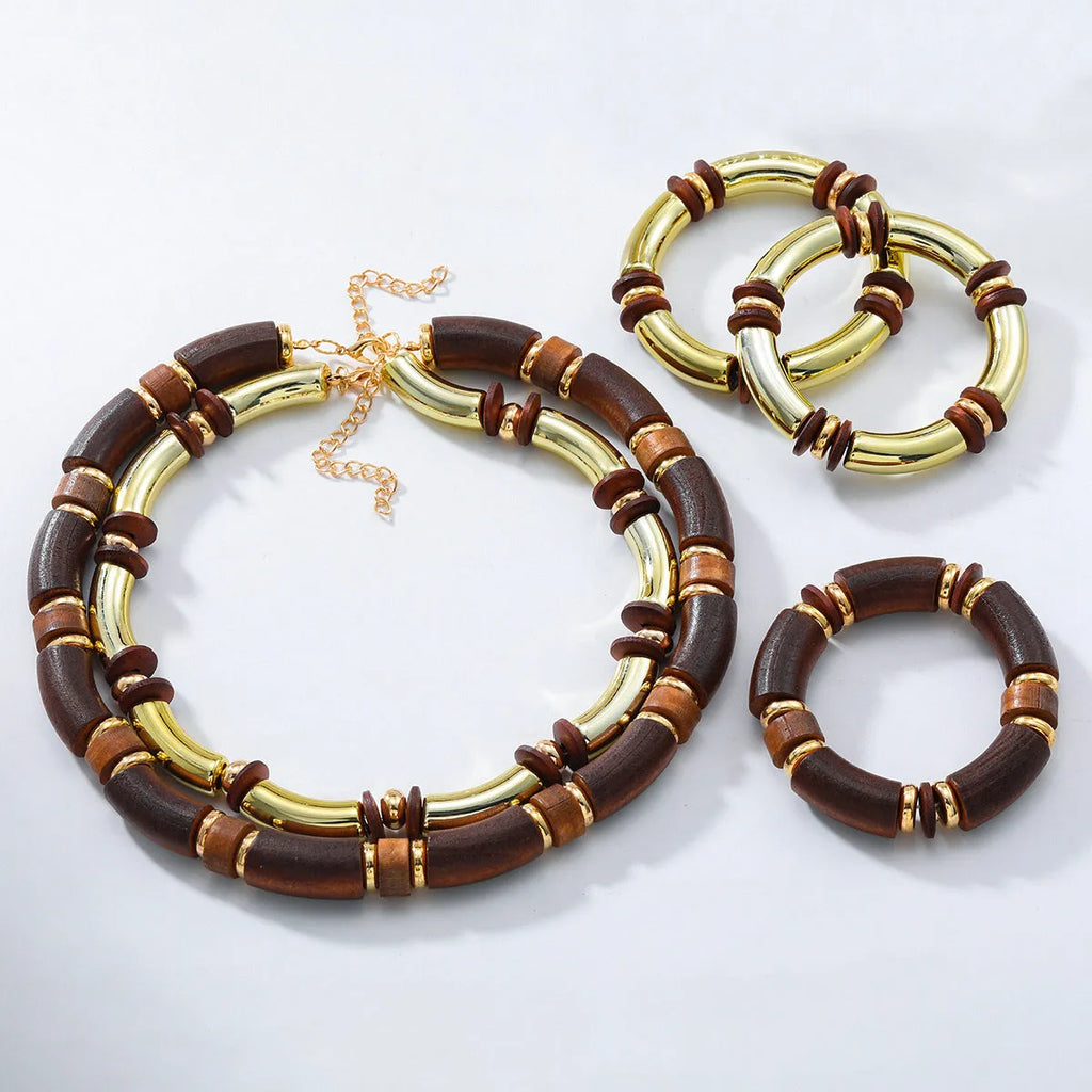 Women's multi-layer wooden necklace and bracelet set with alloy pendants in European exaggerated fashion style