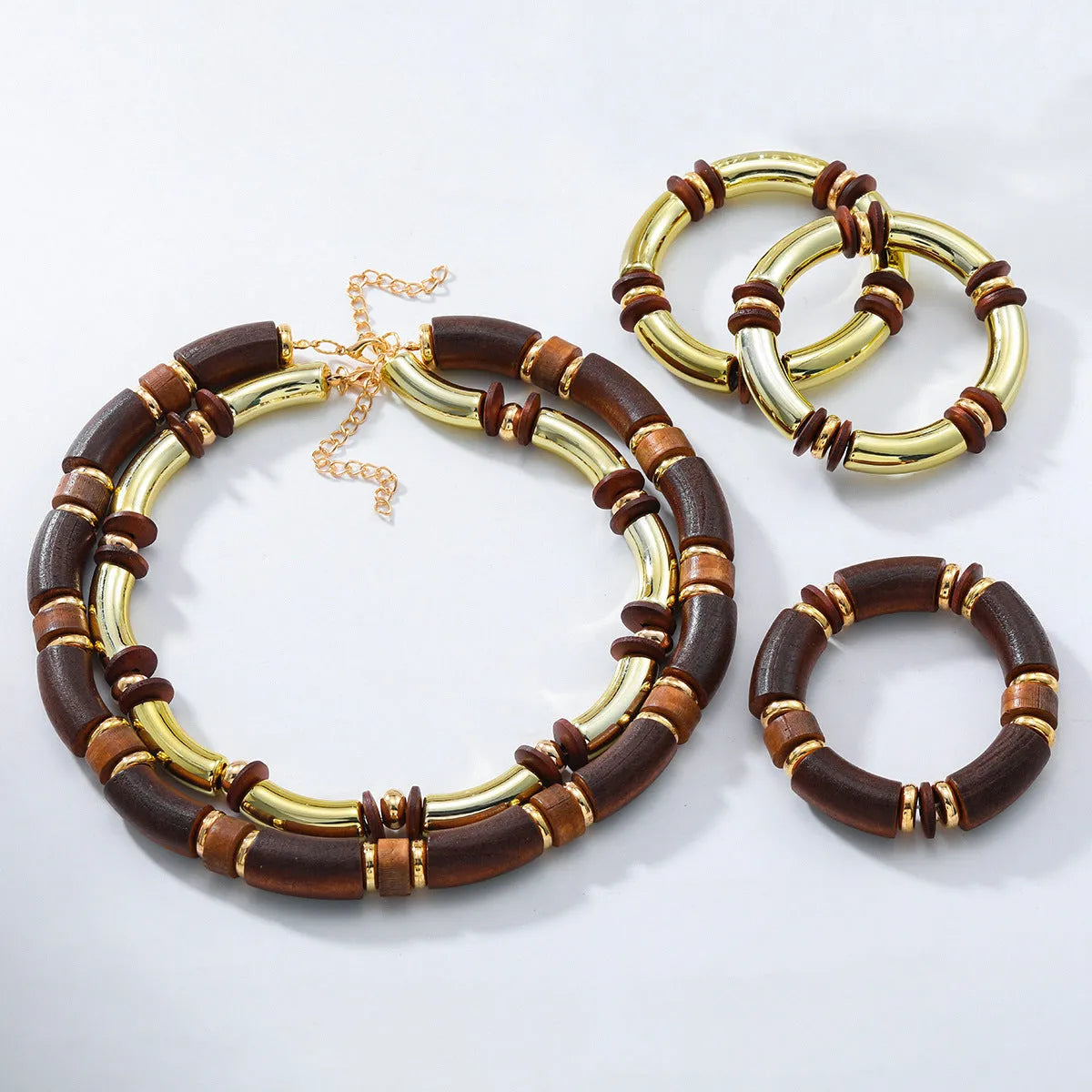 Women's multi-layer wooden necklace and bracelet set with alloy pendants in European exaggerated fashion style