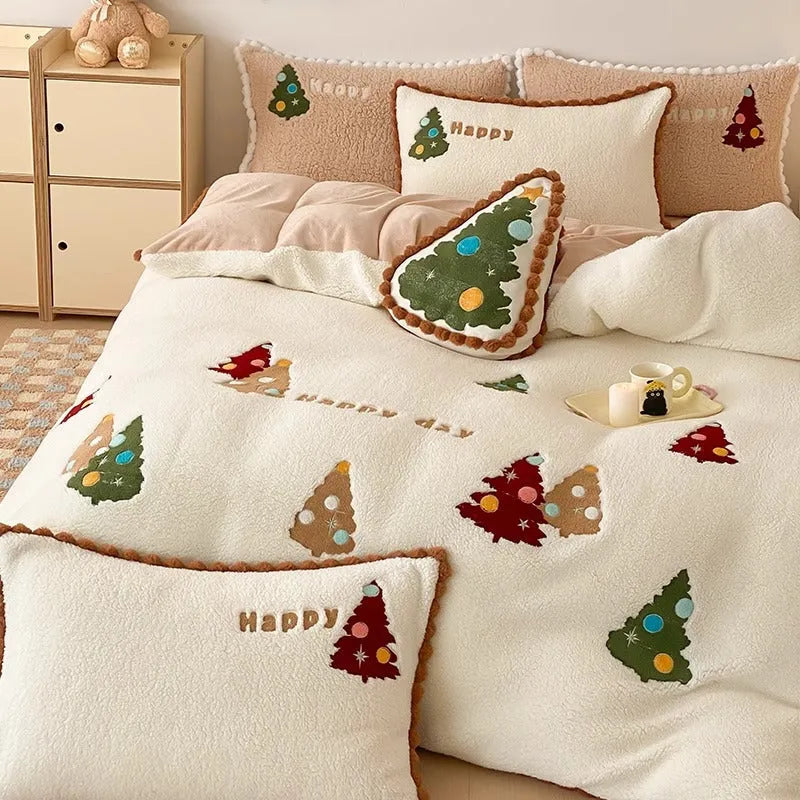 Bright yellow Christmas tree bedding set with fleece-lined construction and cartoon animation pattern