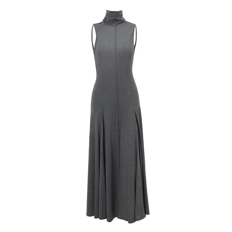 Grey cotton women's dress with half-turtleneck neckline and backless design
