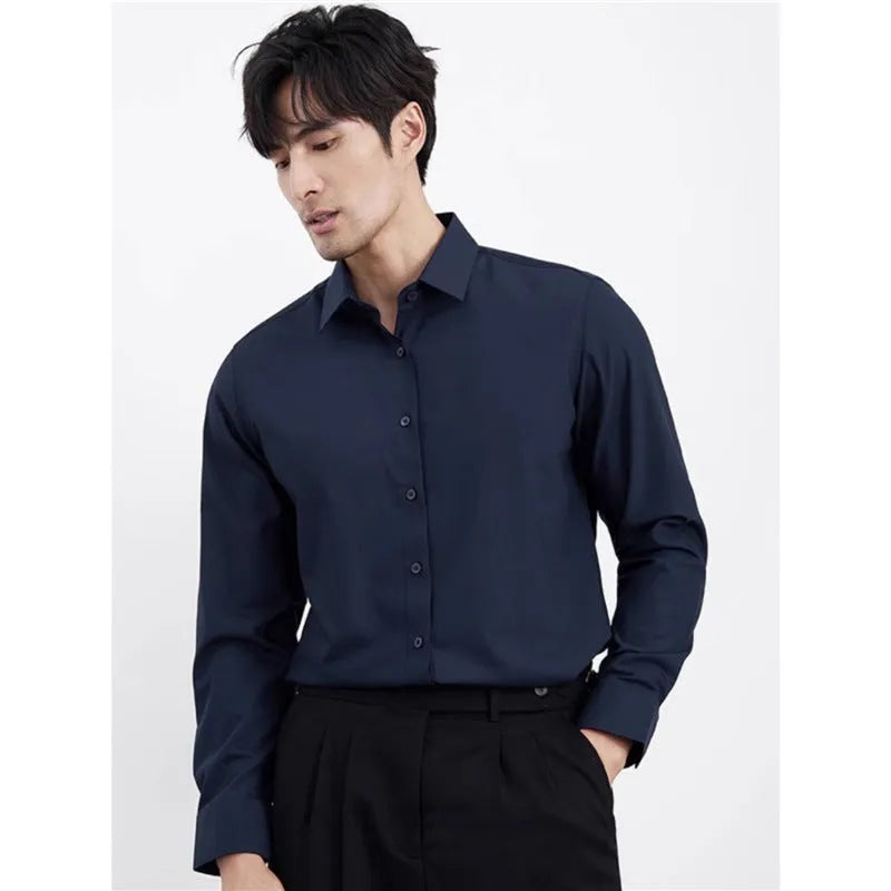 A man's wine red slim-fit casual long-sleeve shirt laid flat, showcasing its non-iron fabric.