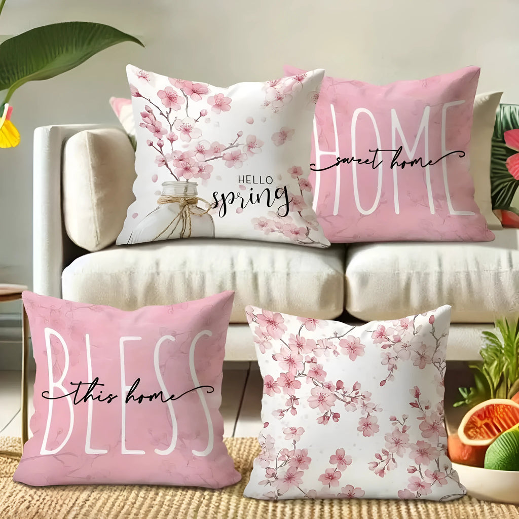 45cm square short velvet cushion cover with printed cherry blossom and letter design.