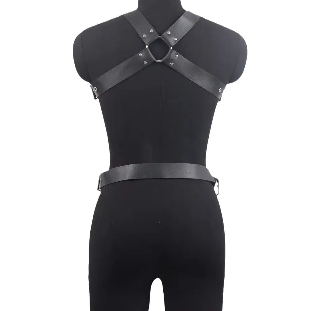 Black patent leather shapewear bodysuit with adjustable buckle fastenings and thin straps