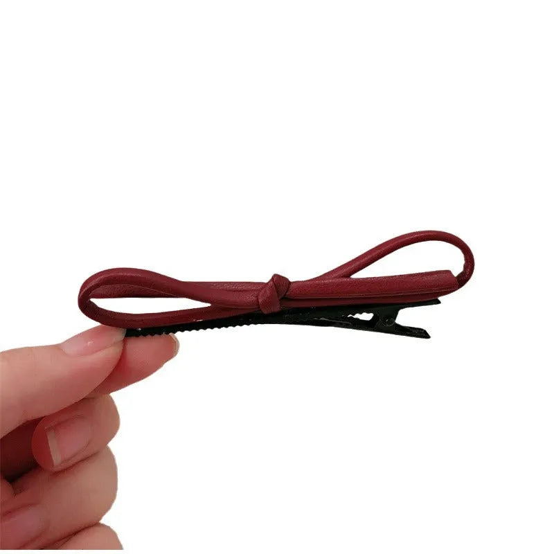 Wine red leather bow hair barrettes clip for women in advanced style