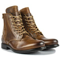 Knight Series black and brown two-tone leather boots with side zipper and low heel.