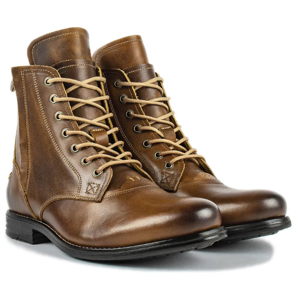 Knight Series black and brown two-tone leather boots with side zipper and low heel.