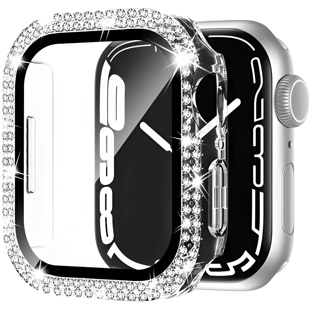Apple Watch protective case with double diamond glass screen in rose pink, gold, silver, transparent, black, Starlight, and rose gold colours.