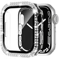 Apple Watch protective case with double diamond glass screen in rose pink, gold, silver, transparent, black, Starlight, and rose gold colours.