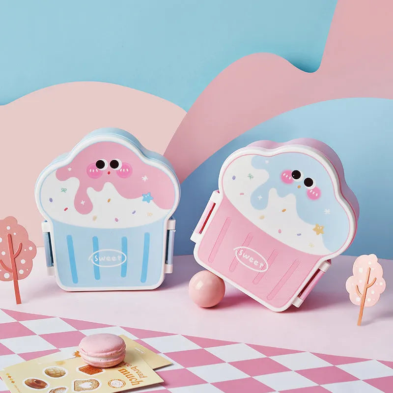 Pink and blue ice cream shaped plastic lunch box with compartment design, spoon and fork set