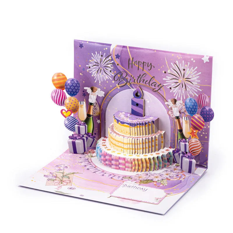 Three-dimensional cake pop-up greeting card with Chinese ink style artwork, shown flat and opened
