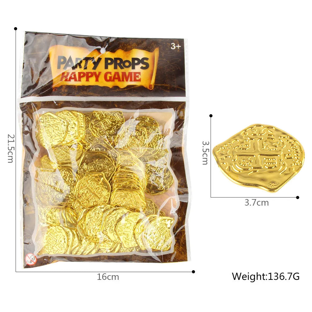 A pile of gold, silver, and bronze plastic Roman coin replicas from a 100-piece set.
