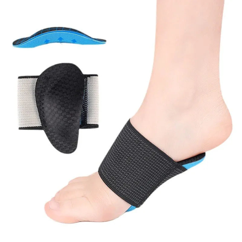 Blue elastic bandage arch support foot pads for adults and children on a white background.