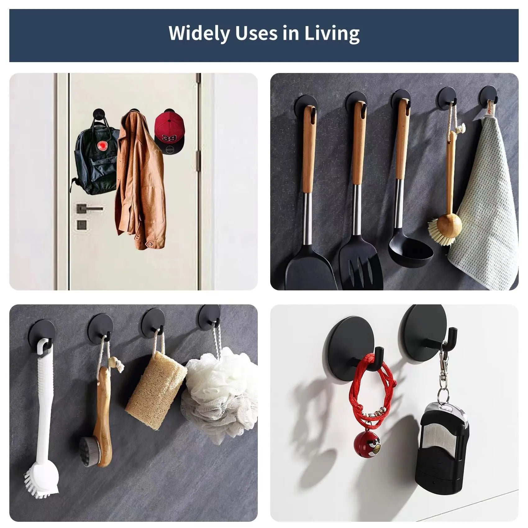 Stainless steel self-adhesive round hook in black or polished finish for bathroom or kitchen.