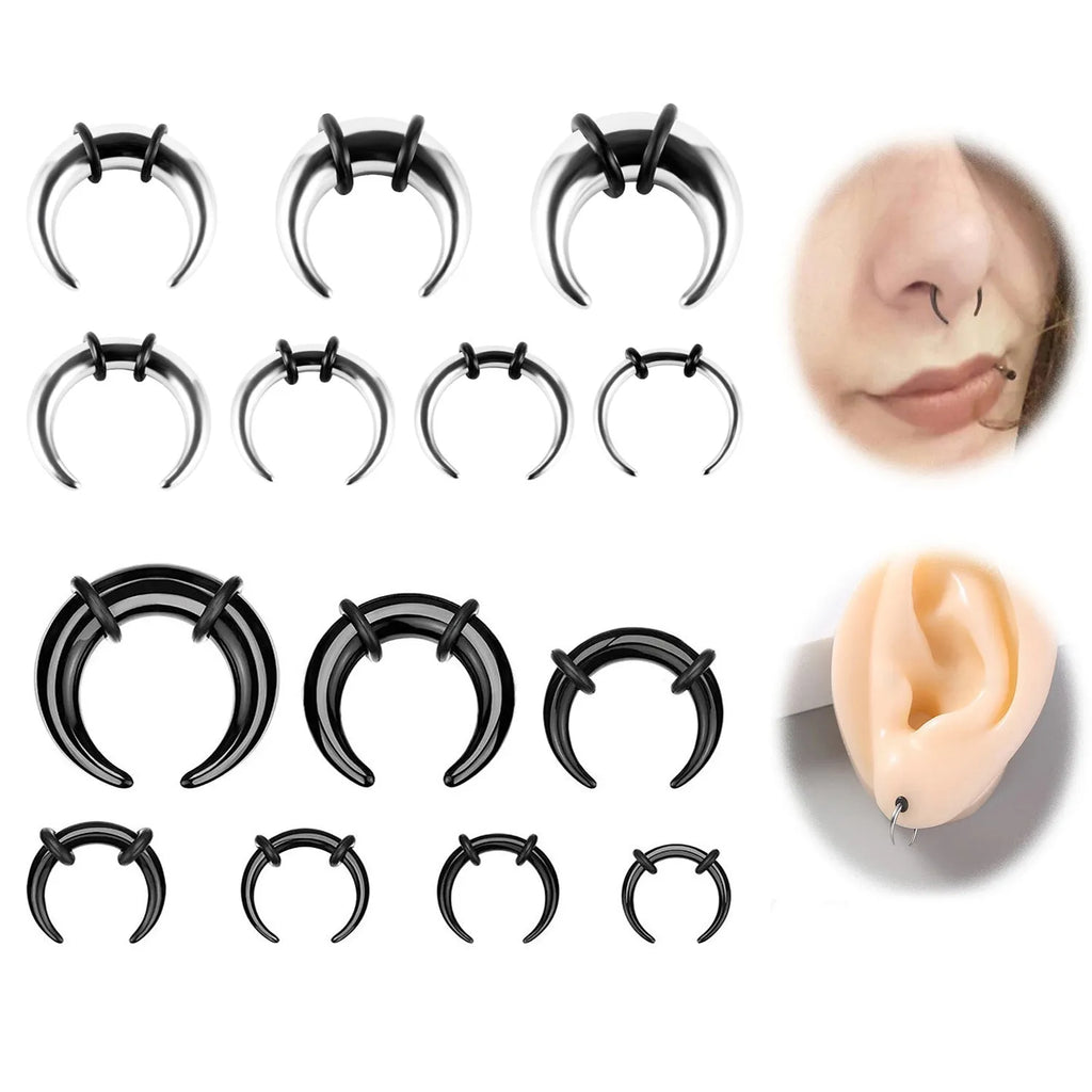 Curved C-shaped nose ring combining stainless steel and a brown buffalo horn segment.