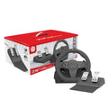 Black multi-platform gaming steering wheel with two pedals, vibration feedback, and manual mounting bracket