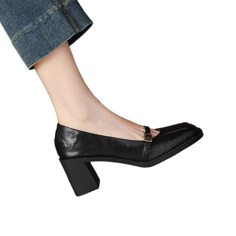Spring and Autumn New Retro Square Head Women's Soft High Heel Pumps with Buckle Closure in Black and Dark Brown, Available in Sizes 35 to 40, Solid Colour Patent Look with Faux Leather Lining and Rubber Sole