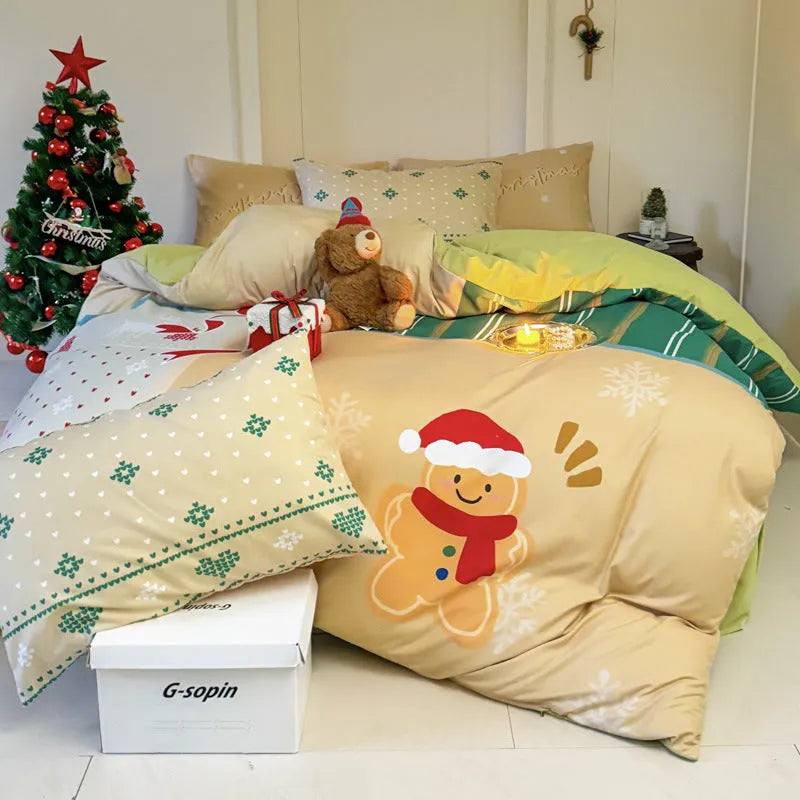 Christmas cartoon print four-piece bedding set with super soft washed cotton material