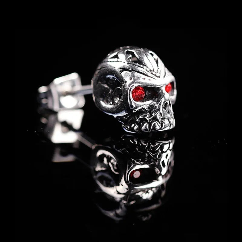 Retro skull stud earrings with red eye ghost head design on alloy metal
