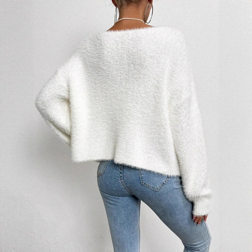 Women's white V-neck cardigan sweater with bead knitwork detailing